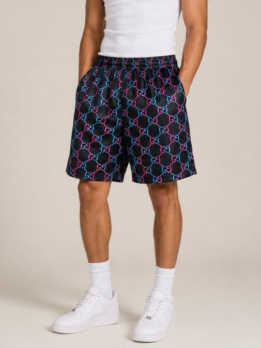 Asylum Men's Athletic Shorts in Black with Pink & Blue Monogram - Designer Style